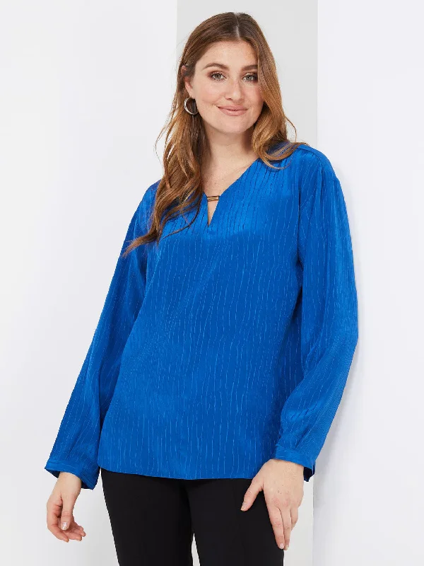 Textured V-Neck Blouse With Hardware Detail