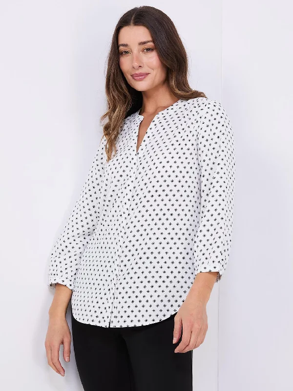 Dot Print Chiffon Split Neck Blouse