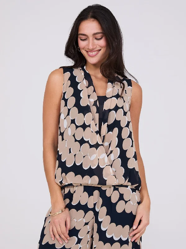 Sleeveless Geo Print Chiffon Blouse with Blouson Wrap