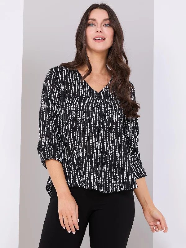 Abstract Print V-Neck Long Sleeve Popover Blouse