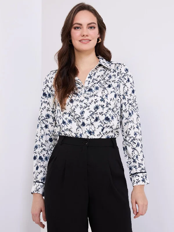 Textured Floral Print Button-Front Blouse