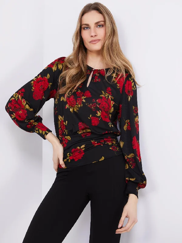 Textured Floral Print Top With Front Keyhole