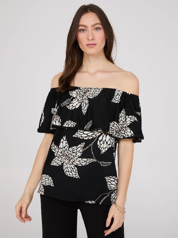 Floral Print Off-The-Shoulder Textured Top