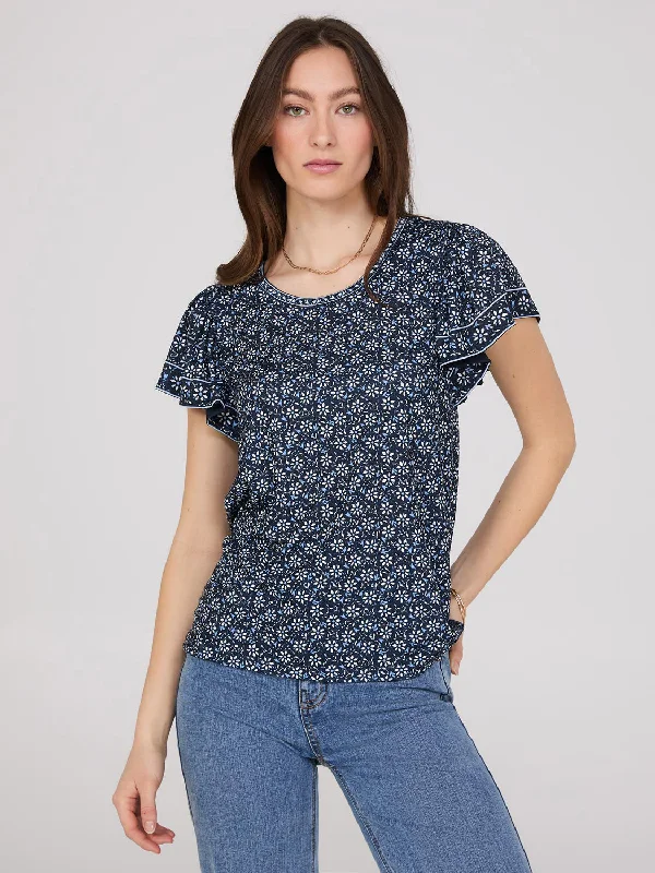 Printed Scoop Neck Flutter Sleeve Jersey Top