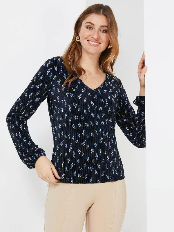 Floral Print Plisse V-Neck Top