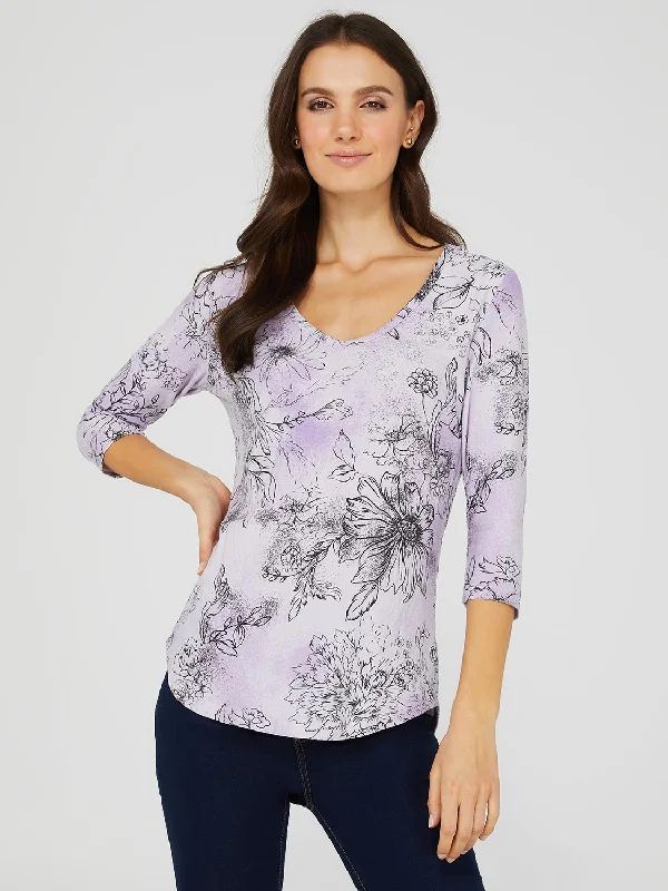 Floral Print 3/4 Sleeve V-Neck Top