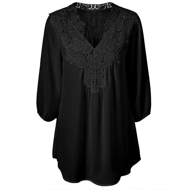 Lace Chiffon Hollow V-neck Shirts Plus Size