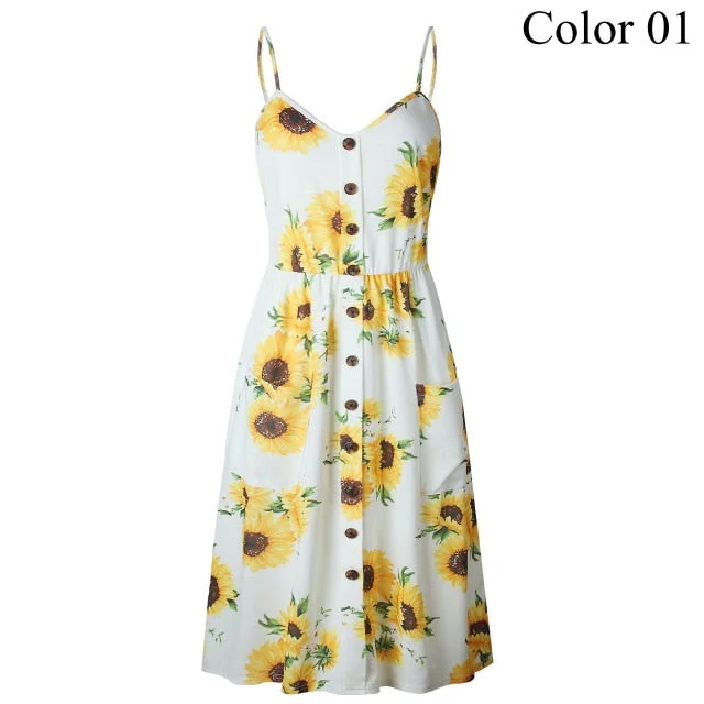 2019 Summer Women Button Decorated Print Dress Off-shoulder