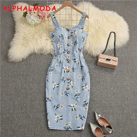 ALPHALMODA 2019 Summer Women Padded Tank Dress Single Breasted