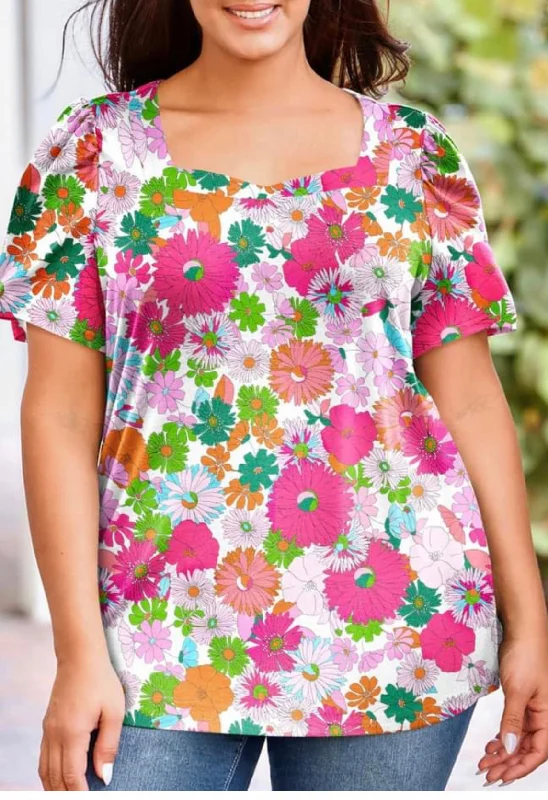 Multicolor Plus Size Square Neck Ruched Shoulder Short Sleeve Top