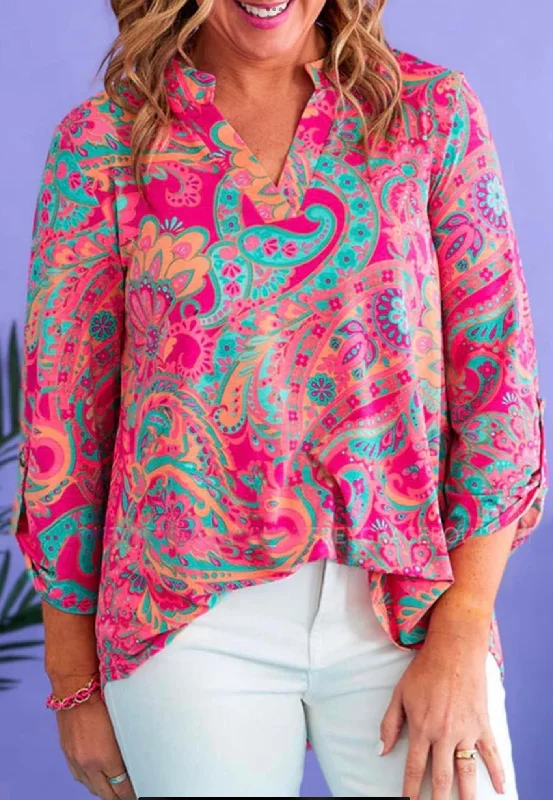 Rose Paisley Print V Neck Roll Tab Sleeve Blouse