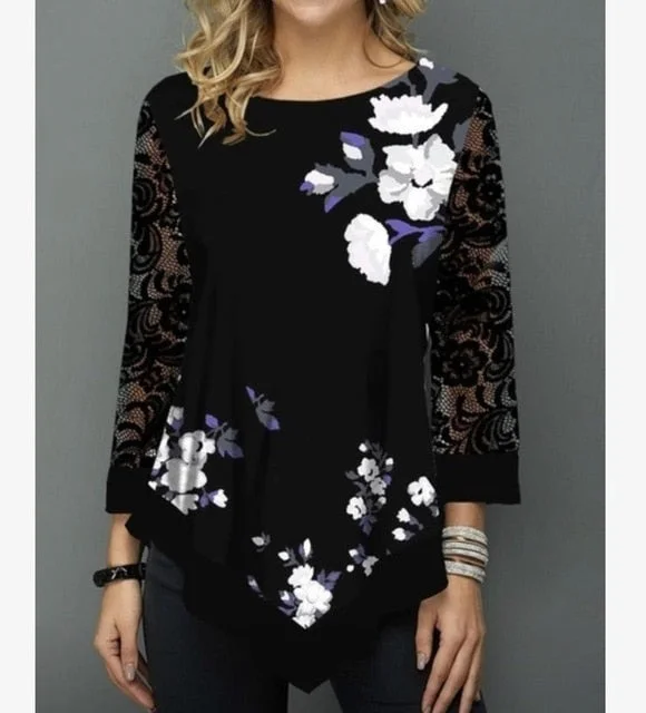 Shirt Women / Printing Blouse 3/4 Sleeve Casual Hem Plus Size