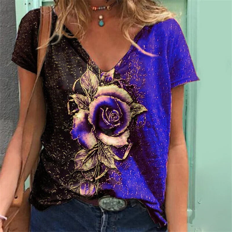 FashionSierra - 3D Rose Flower Print T-Shirt