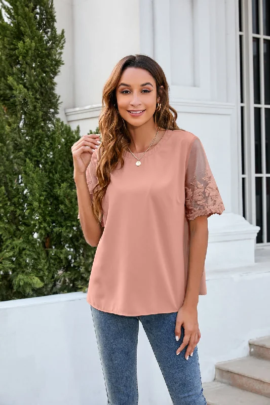 FashionSierra - Lace Splicing Round Neck Short Sleeve Pullover