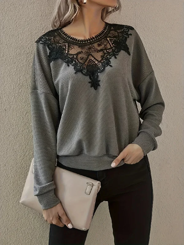 FashionSierra - Gray Casual Elegant Chic Lace Knitted Full Long Sleeve Tee Blouse