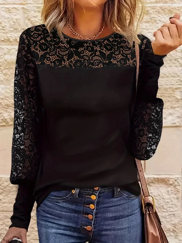 FashionSierra - Solid Color Casual Basic Full Long Sleeve Transparent O Neck Tees Blouse