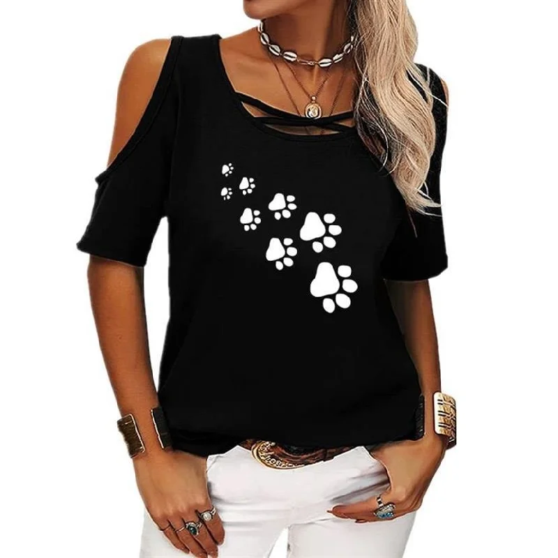 FashionSierra - Dog Paw Short Sleeves Off Shoulder Print T Shirt