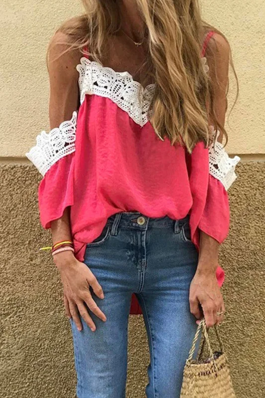 Fashion Elegant Patchwork Lace Contrast V Neck T-Shirts