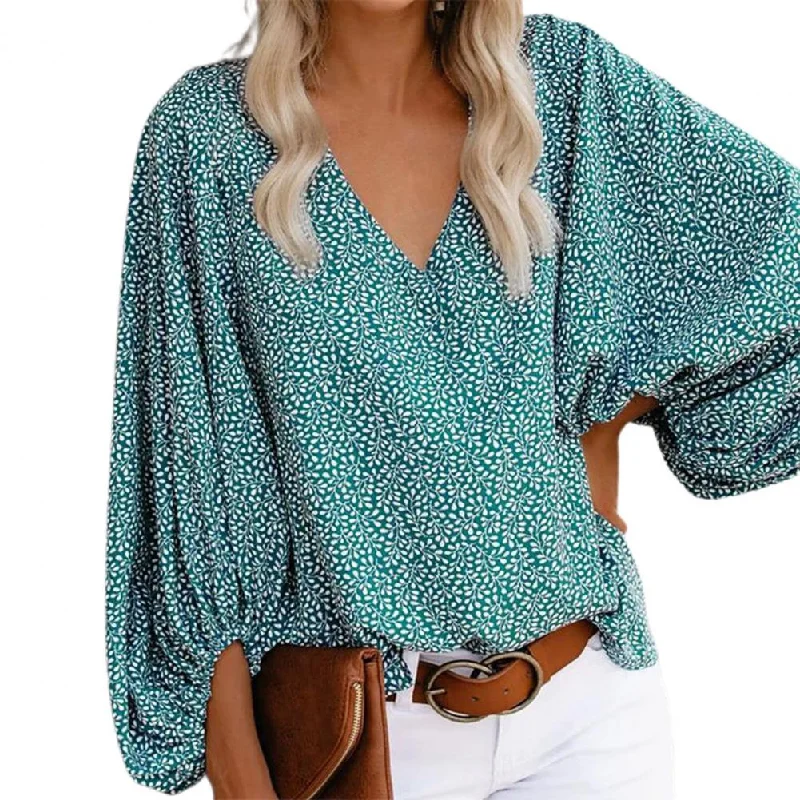 FashionSierra - Women T-shirt Printed Lantern Sleeve Blouse