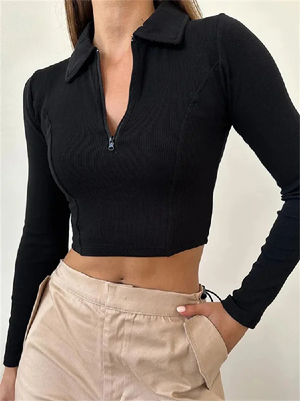 FashionSierra - Half Zip Up Cropped Solid Color Ribbed Lapel Long Sleeve Casual Exposed Navel Slim Fit Tee