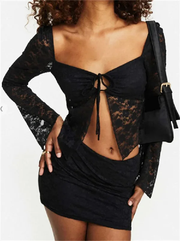 FashionSierra - Lace Floral Long Flare Sleeve Tie-up Front Split Solid Slim Fit Mesh See-Through Tee