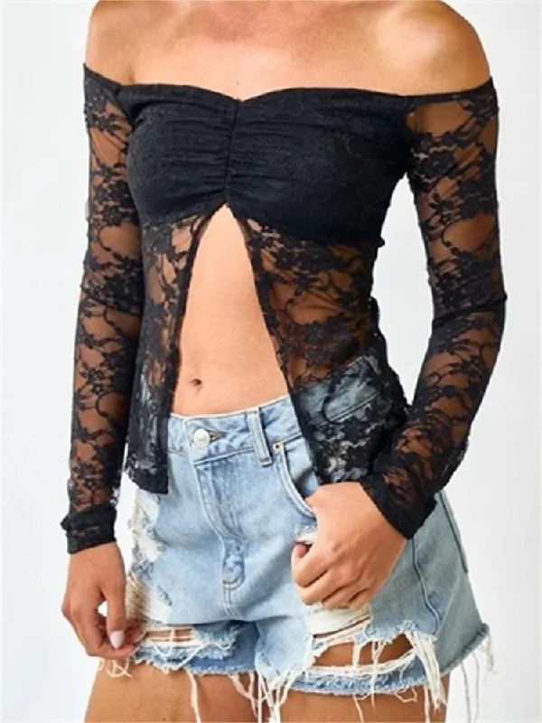 FashionSierra - Retro Lace Mesh See-Through Slash Neck Off Shoulder Long Sleeve Spring Fall Slim Fit Top Clubwear Tee