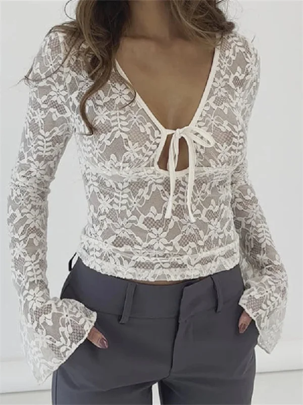 FashionSierra - Sexy Summer Lace Long Sleeve Tie-up Deep V-Neck Mesh See Through Slim Clubwear New Tee