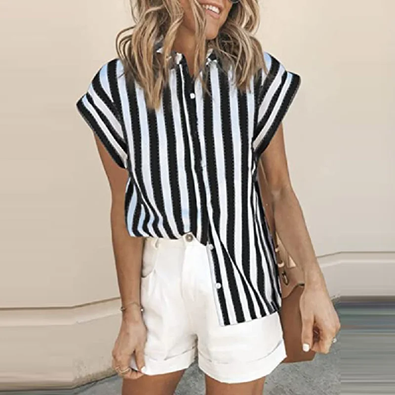 FashionSierra - Elegant Striped T Shirt Tops Summer Blouse Ladies Holiday Beach Casual Loose Cardigan Daily Tee