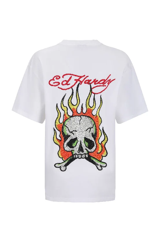 Womens Skull Flame Diamante Tshirt - White