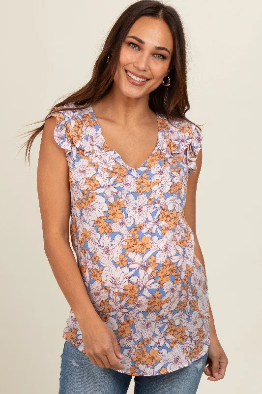 Blue Floral Ruffle Tie Maternity Blouse