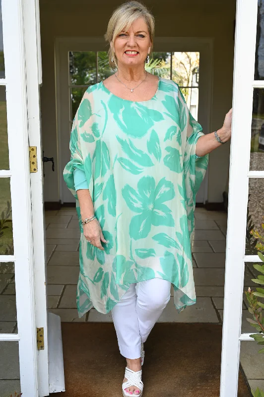 Floral Bella Silk Blouse | Aqua