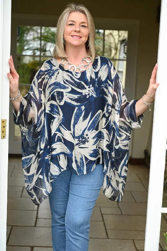 Floral Mia Silk Blouse - Navy