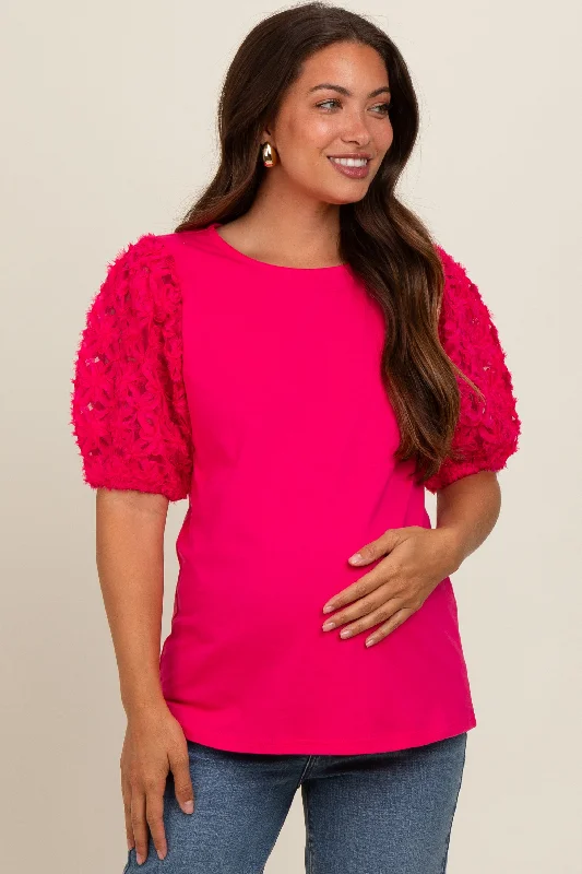 Fuchsia Floral Mesh Sleeve Maternity Blouse