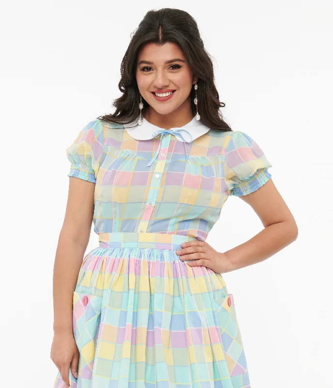 Hell Bunny 1950s Pastel Check Collared Skye Blouse