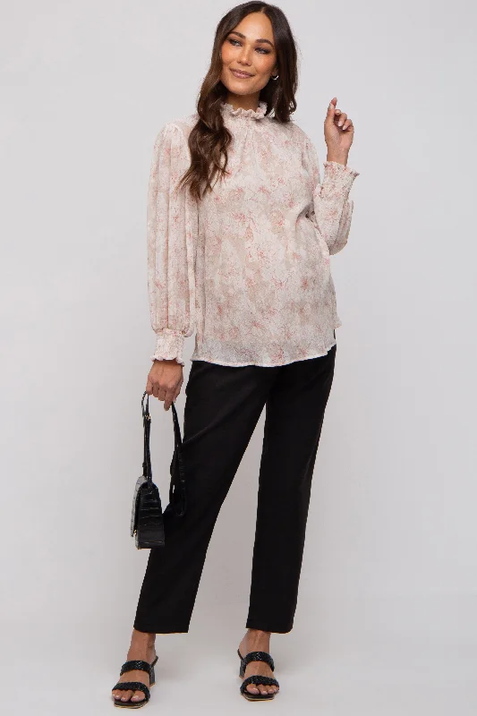 Ivory Floral Plisse Mock Neck Maternity Blouse