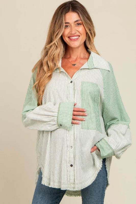 Light Olive Striped Button Down Oversized Long Sleeve Maternity Top