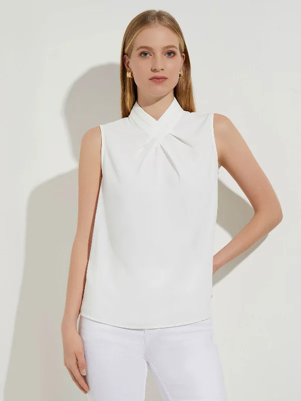 Pleated Crossover Collar Crepe de Chine Blouse