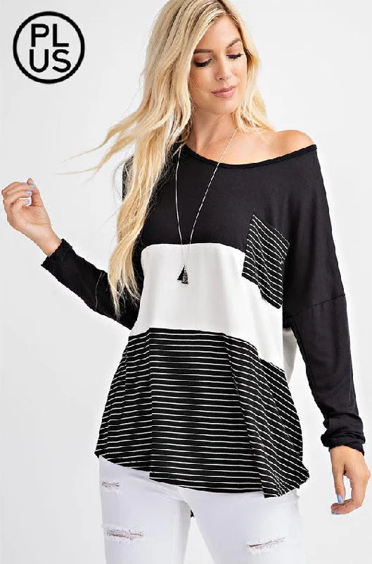 Plus Size Long Sleeves Color Block Knit Top