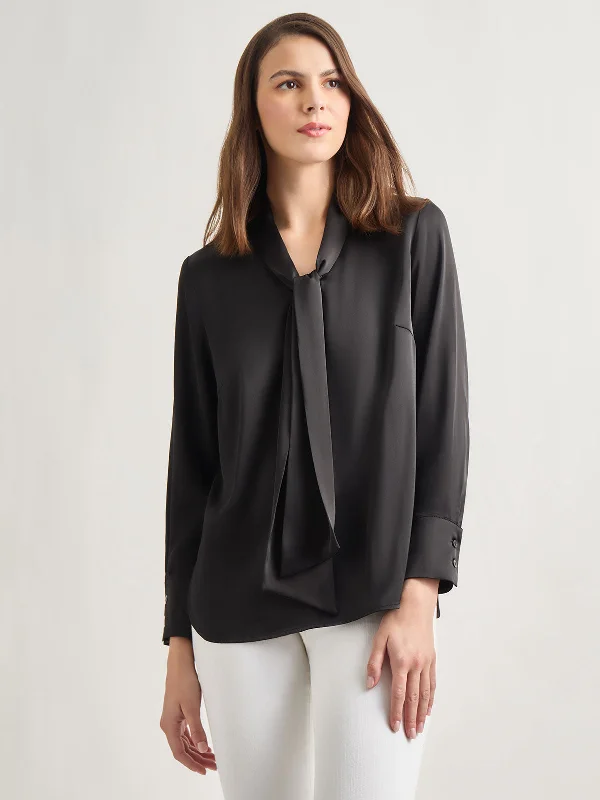 Solid Tie Neck Crepe de Chine Blouse