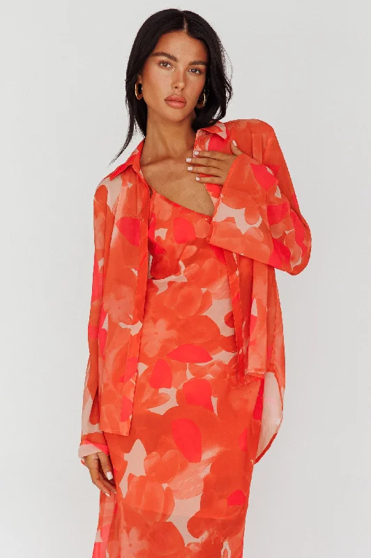 Stasi Flared Cuff Long Sleeve Shirt Floral Orange