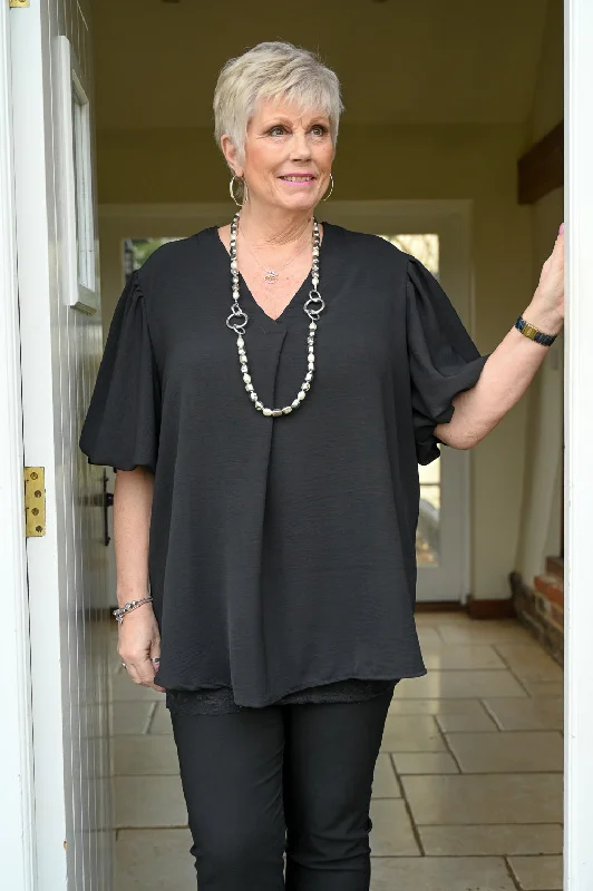 V-Neck Puff Sleeve Blouse - Black