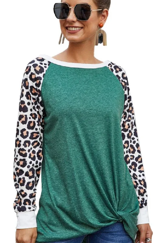 Women's Boat Neck Top with Raglan Leopard Long Sleeves