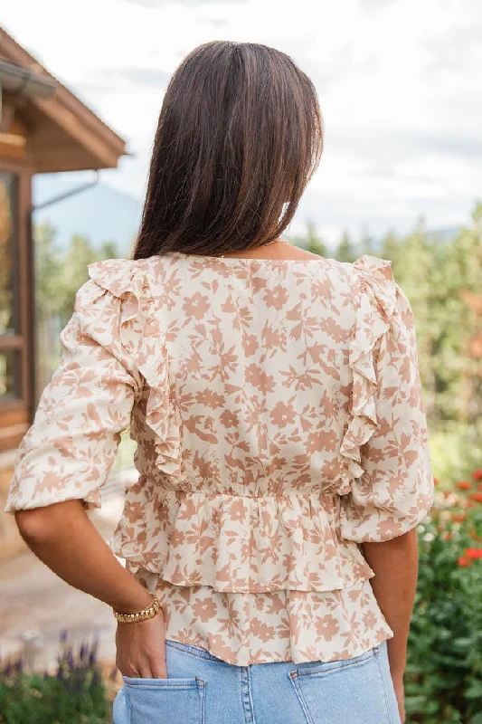 It's A Deal Tan Ruffle Detail Floral Blouse