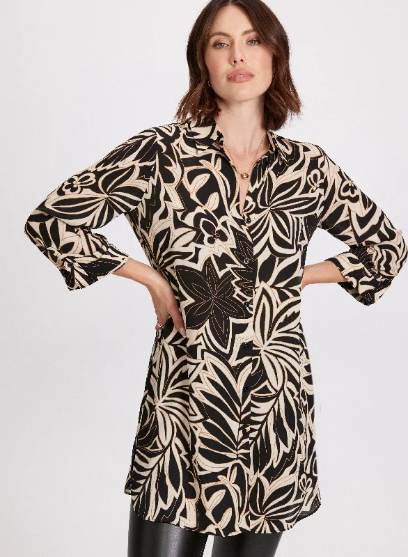 Leaf Print Button-Up Blouse