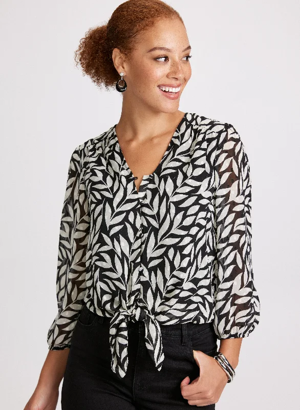 Leaf Print Tie-Front Blouse