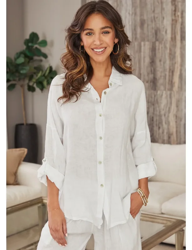 Linen Long Sleeve Button Down Shirt, White