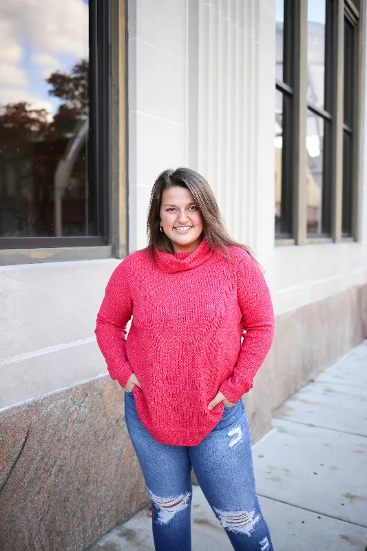 Bright Pink Waffle Cowl-Neck Sweater | Boutique Elise | Maya