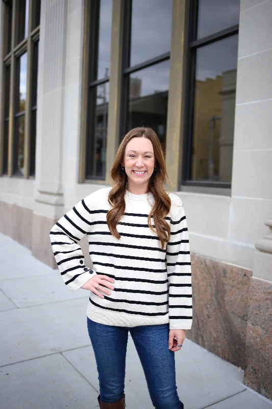 Ivory and Black Stripe Button Detail Sweater | Boutique Elise | Rylan