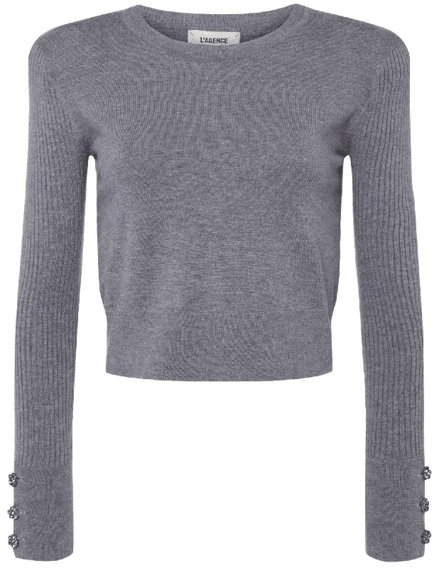 L'Agence Sky Crystal Button Long Sleeve Cropped Crew