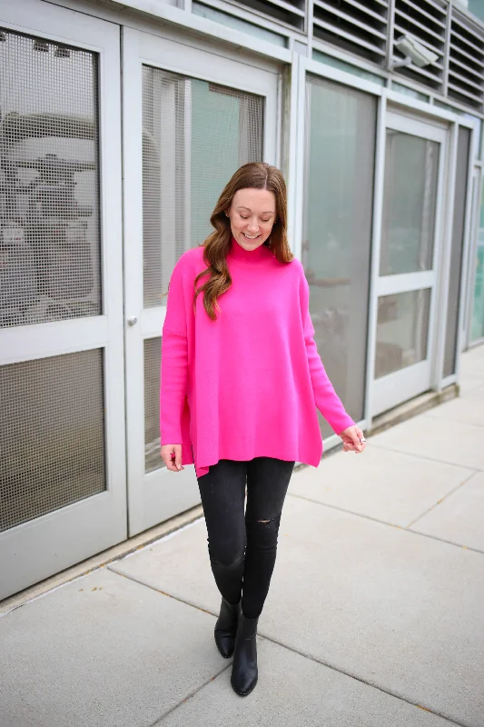 Bright Pink Mock Neck Long Sleeve Sweater | Boutique Elise | Zaza